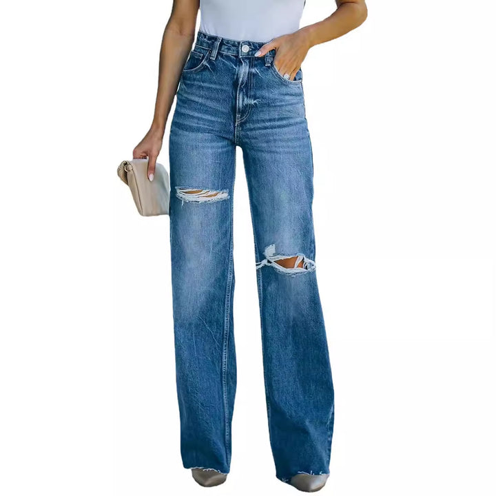 Damen Weitgeschnittene High-Waist Jeans mit Distressed-Details Drune