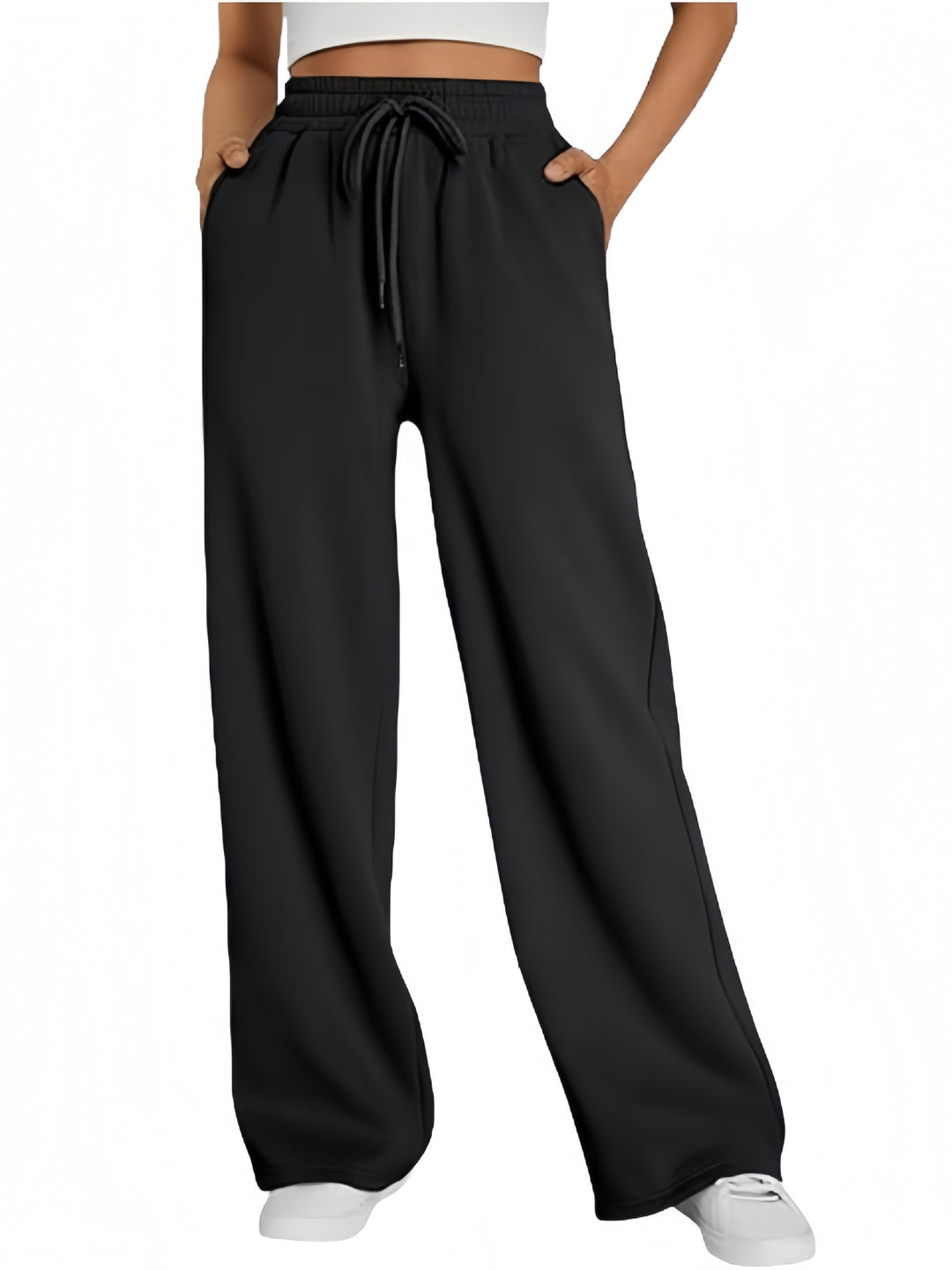 Damen nan Palazzo-Loungehose mit hoher Taille, elastischem Bund, Kordelzug und tiefen Seitentaschen Drune
