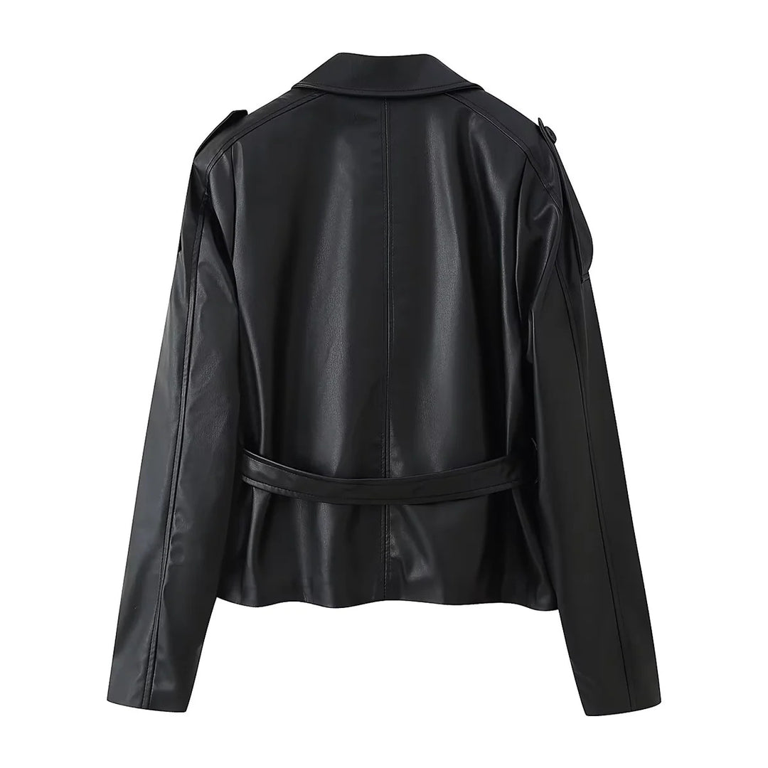 Damen Kunstlederjacke mit eleganten Knopfdetails und Gürteldesign Drune