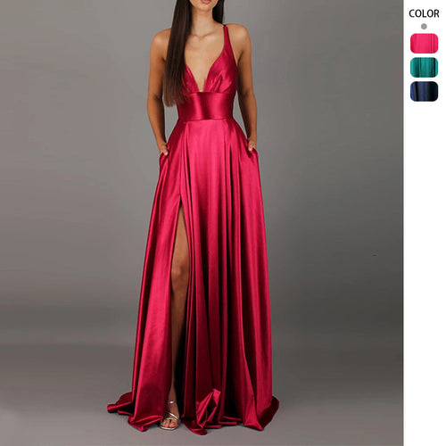 Damen Elegantes Maxikleid mit tiefem V-Ausschnitt und modischem Schlitz Drune