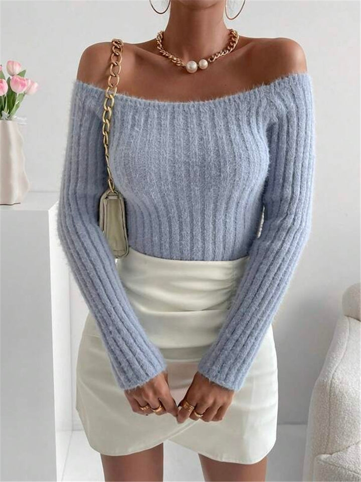 Damen Off-Shoulder Strickpullover mit feiner Rippstruktur und langen Ärmeln Drune
