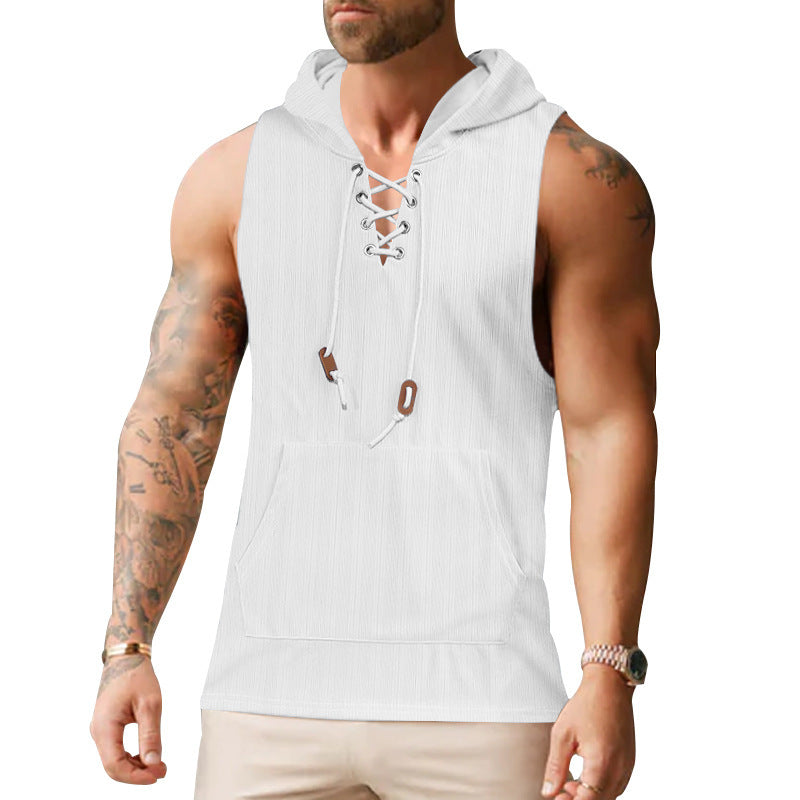 Herren ärmelloses Kapuzenshirt mit leichtem Strukturdesign und praktischen Schnürdetails Drune