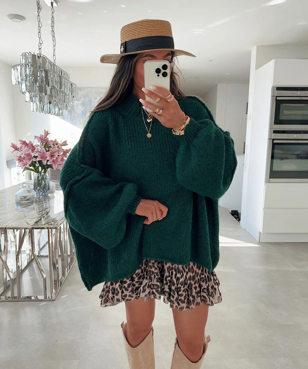 Damen lässiger Oversize Pullover mit hohen Ärmeln und unkonventionellem Schnitt Drune