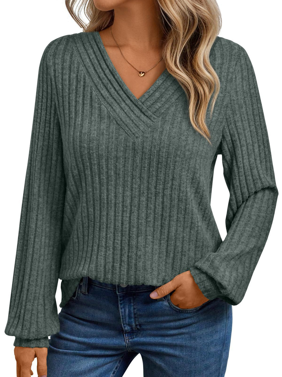 Damen gemütliches Langarmshirt mit strukturiertem V-Ausschnitt Drune