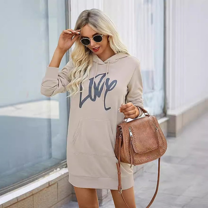 Damen Hoodie-Kleid mit Kängurutasche und auffälligem Schriftzug Drune