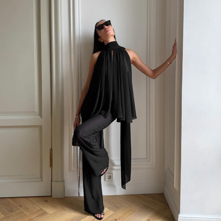 Damen Elegantes Chiffonoberteil mit tiefem Wasserfallausschnitt und fließendem Stoff Drune