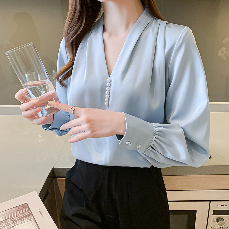 Damen elegante Bluse mit Rüschenärmeln und perlverzierten Knöpfen Drune
