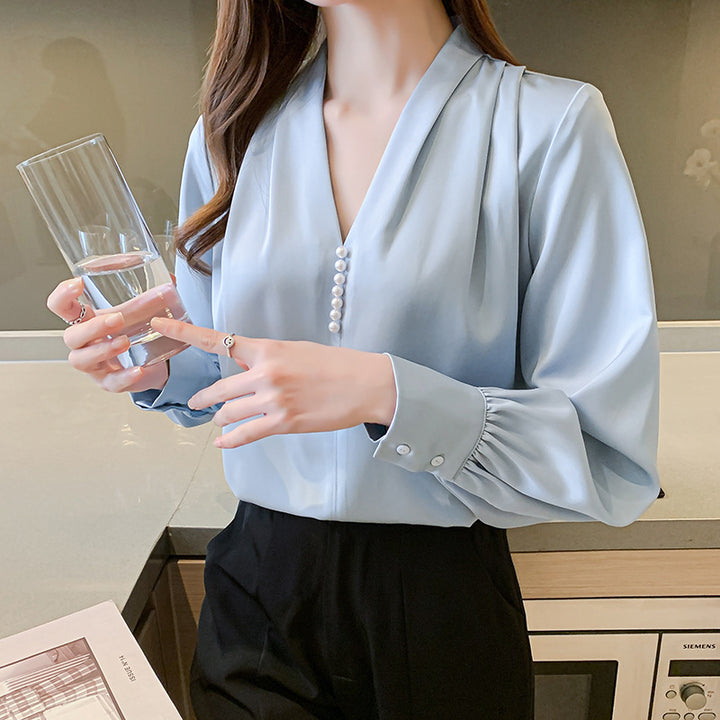 Damen elegante Bluse mit Rüschenärmeln und perlverzierten Knöpfen Drune