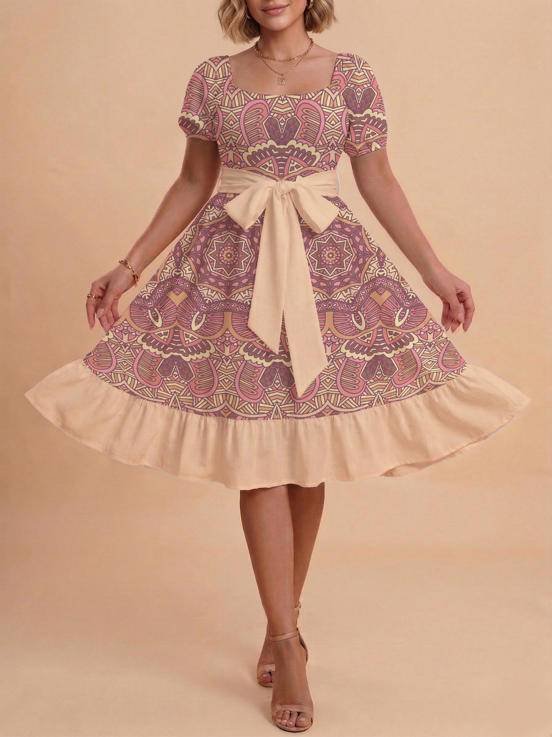 Damen A-Linien-Kleid mit floralen Motiven und taillierbarem Gürtel Drune