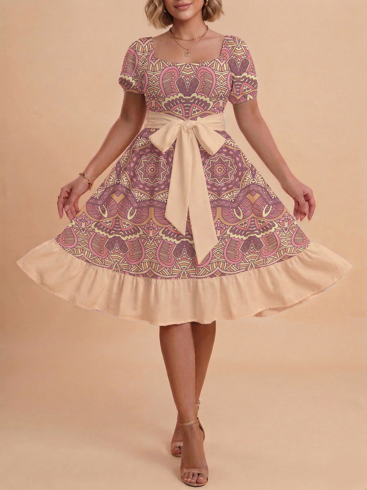 Damen A-Linien-Kleid mit floralen Motiven und taillierbarem Gürtel Drune