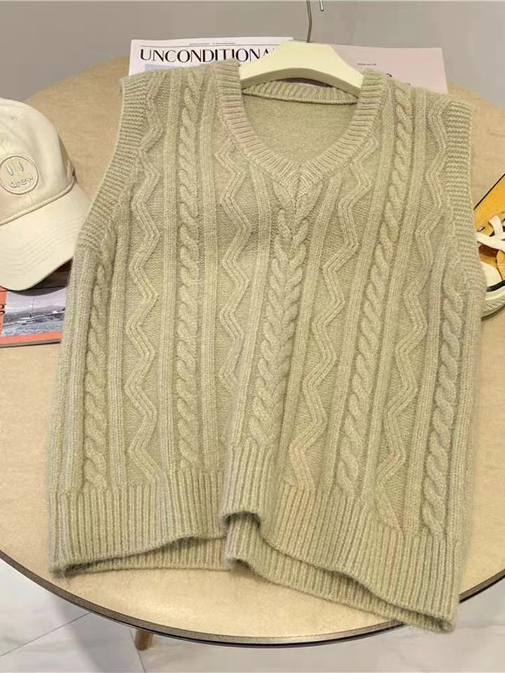 Damen Grobstrickweste mit V-Ausschnitt und Zopfmuster Drune