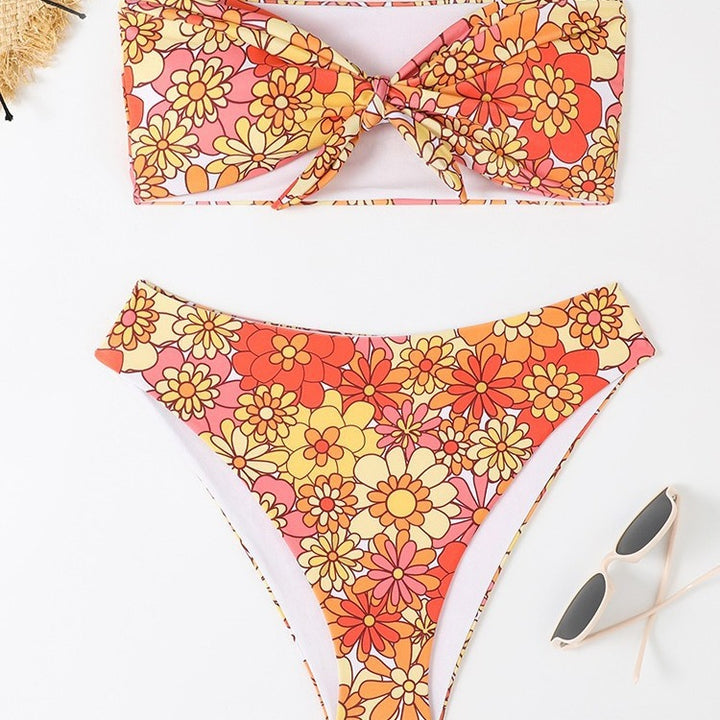 Damen Bandeau Bikini mit modischem Blumenmuster und verspieltem Knotendetail Drune