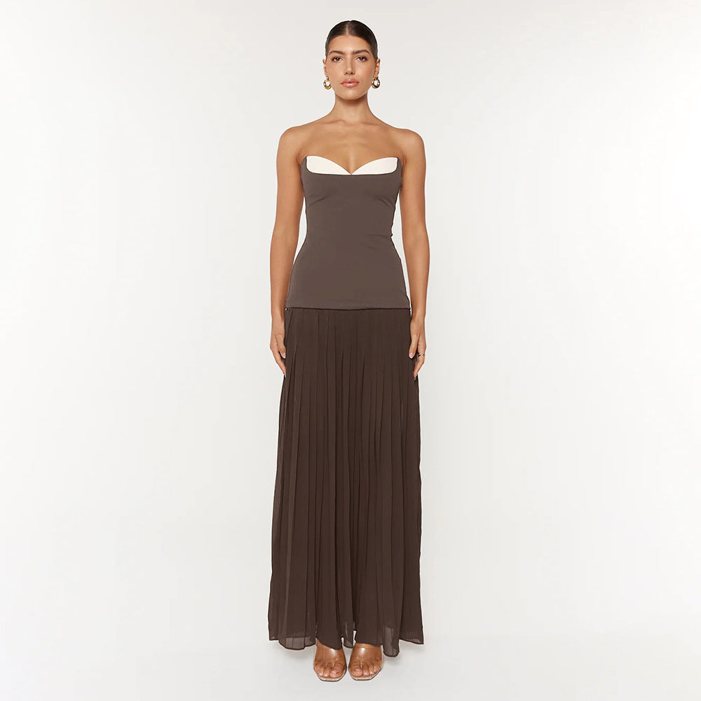 Damen Elegantes Maxikleid mit tiefem V-Ausschnitt und fließendem Rock Drune