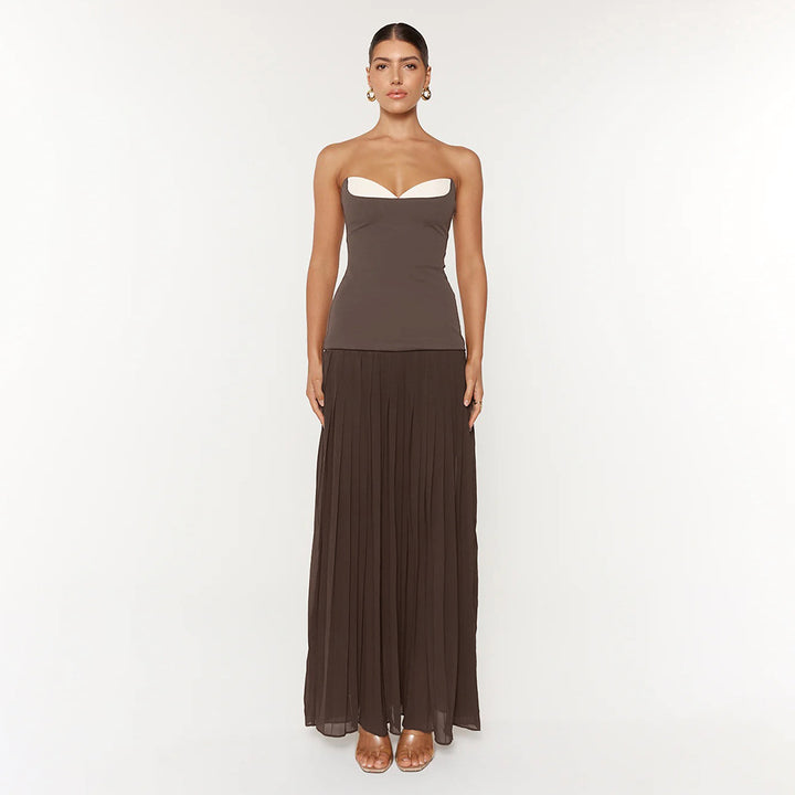 Damen Elegantes Maxikleid mit tiefem V-Ausschnitt und fließendem Rock Drune
