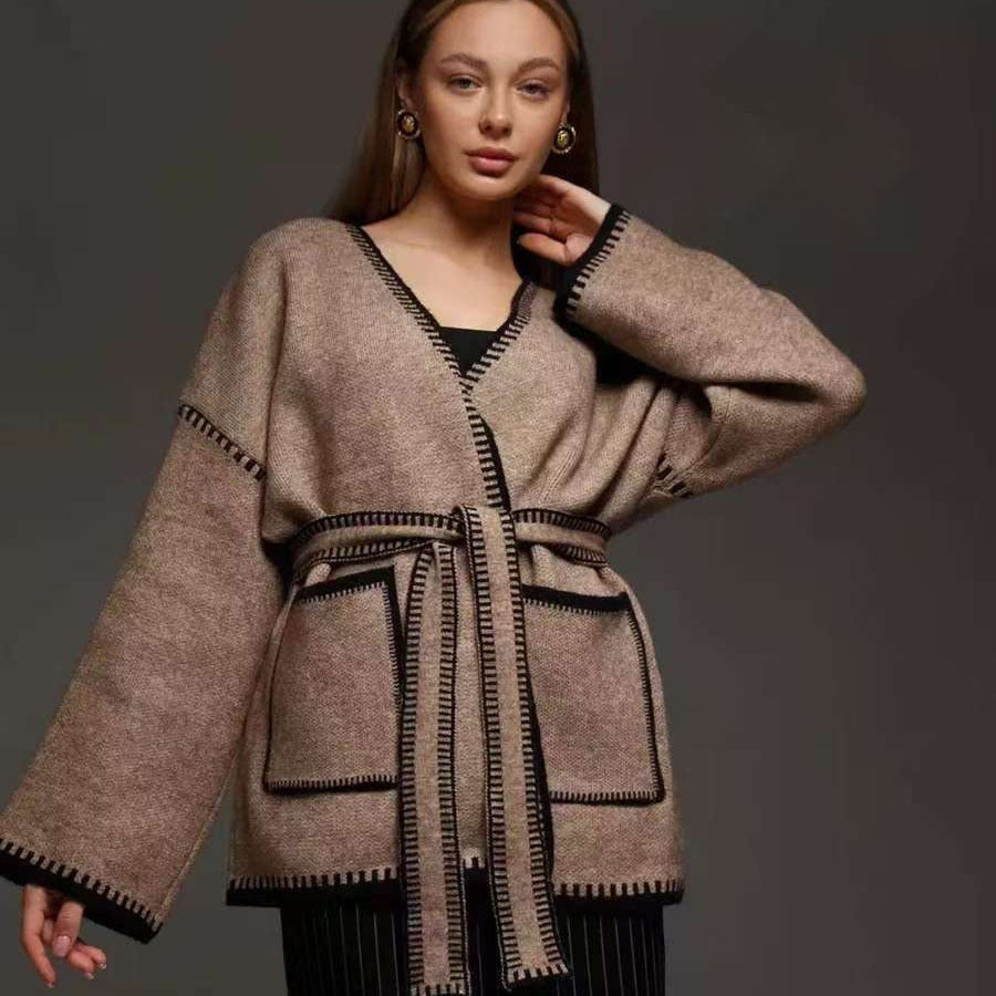 Damen Modischer Strickcardigan mit Taillengürtel und originellem Taschen-Design Drune