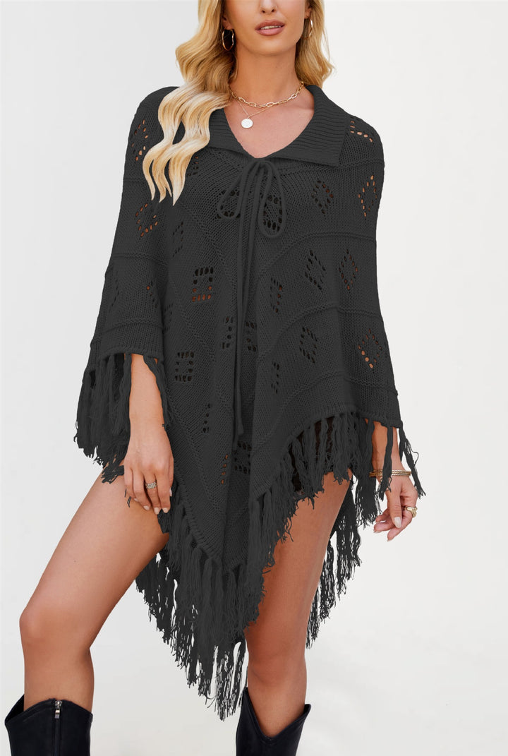 Damen Eleganter Strickponcho mit Fransen und Lochmuster Drune
