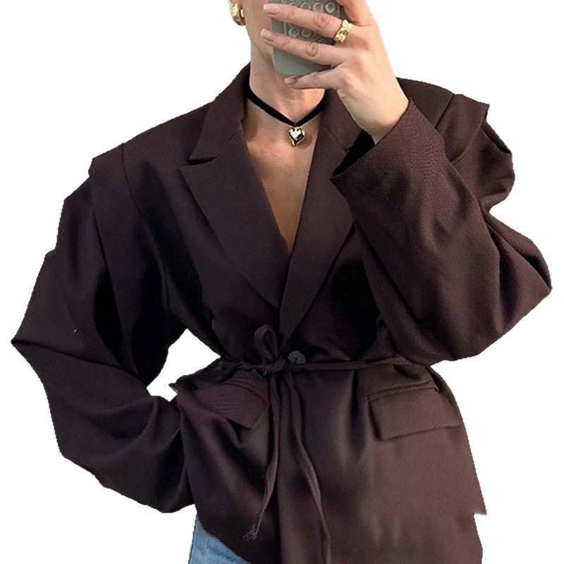 Damen nan taillierter Blumenblazer mit Bindegürtel und Reverskragen Drune