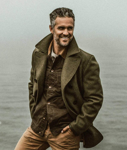 Herren eleganter Wollmantel mit doppelter Knopfleiste und hohem Kragen Drune