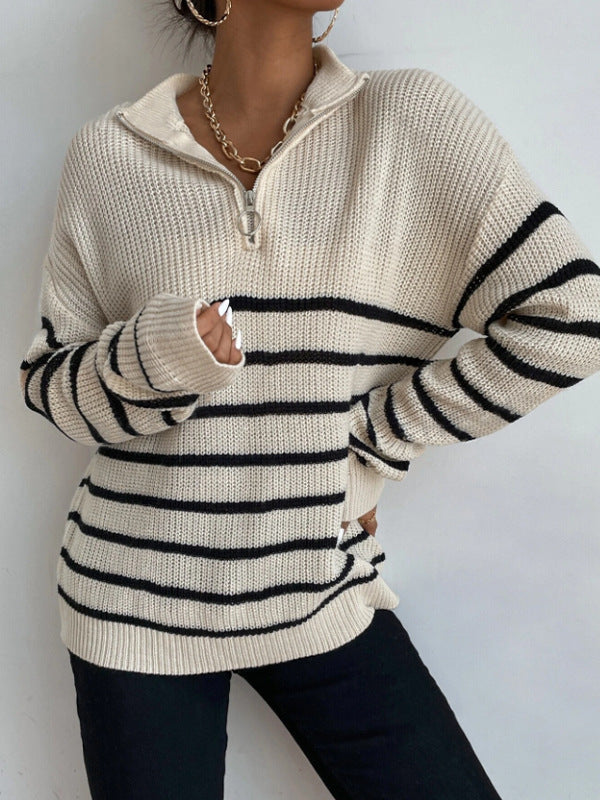 Damen Grob gestrickter Pullover mit Reißverschluss und breitem Streifenmuster Drune