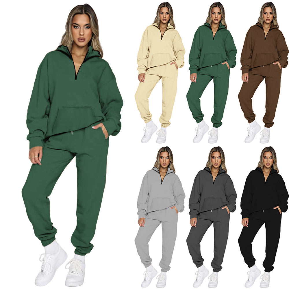 Damen gemütlicher Two-Piece Sweatsuit mit halbem Reißverschluss und praktischen Taschen Drune