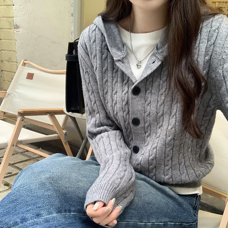 Damen gestrickte Cardiganjacke mit Kapuze und Zopfmuster Drune