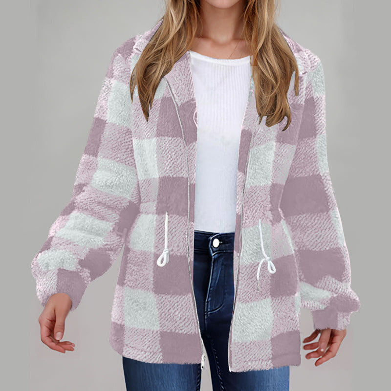 Damen kuschelige Oversize-Jacke mit kariertem Muster Drune