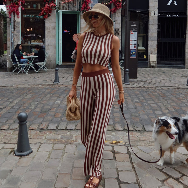 Damen lässiger Jumpsuit mit gestreiftem Design und hohem Bund Drune