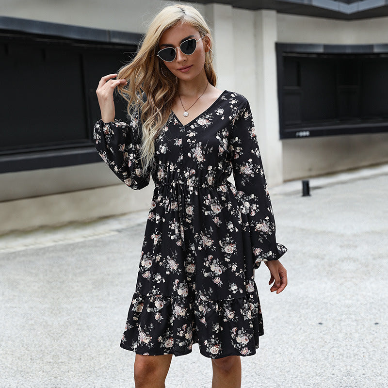 Damen Blumenkleid mit voluminösen Ärmeln und Taillenzug Drune