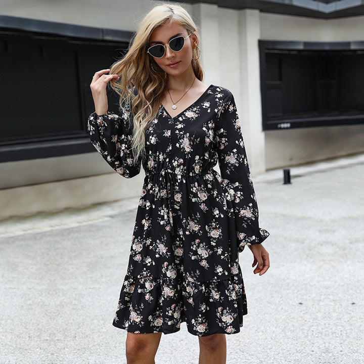 Damen Blumenkleid mit voluminösen Ärmeln und Taillenzug Drune