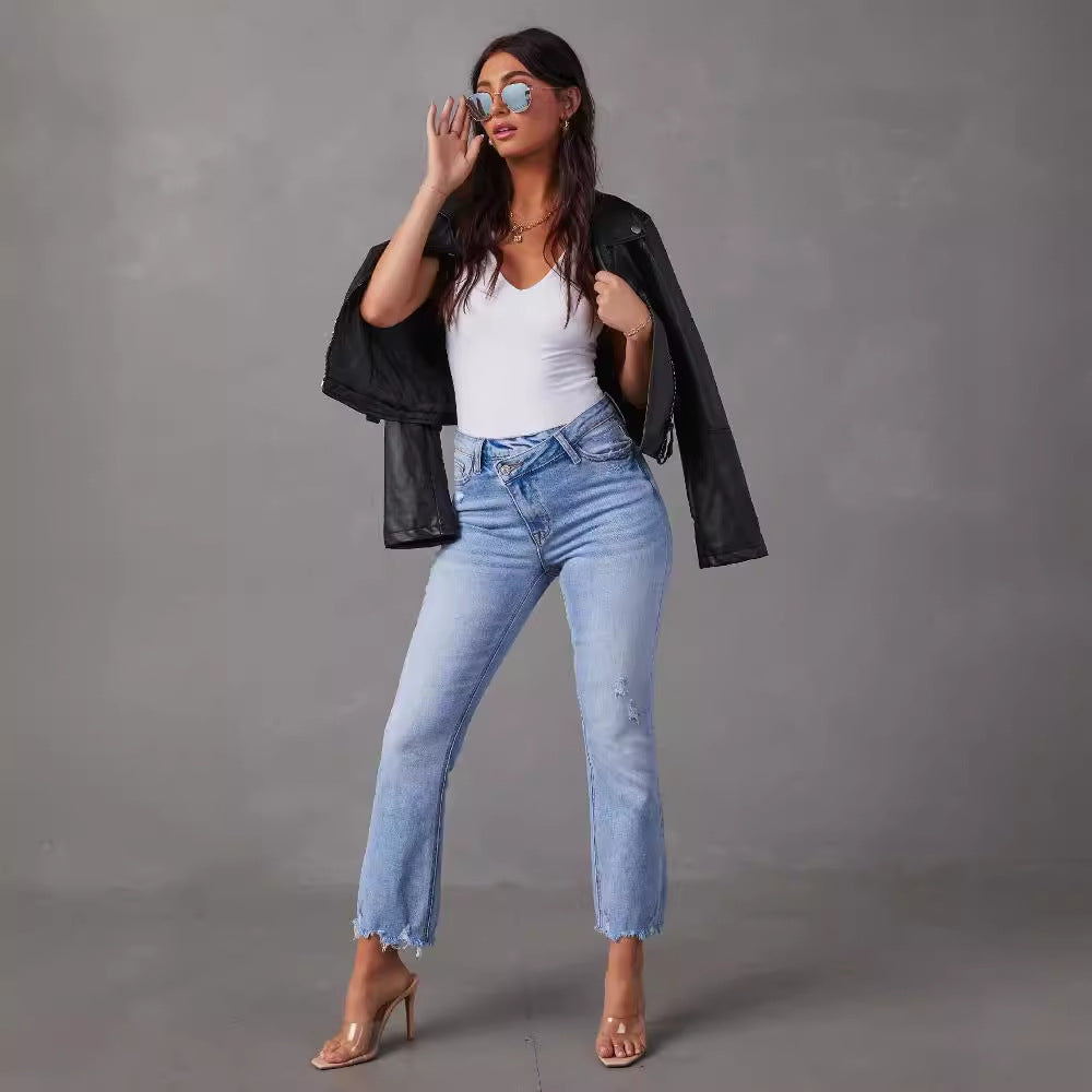 Damen modische Hochwasser Jeans im lässigen Vintage-Stil mit fransigem Saum Drune