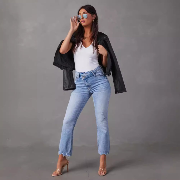 Damen modische Hochwasser Jeans im lässigen Vintage-Stil mit fransigem Saum Drune
