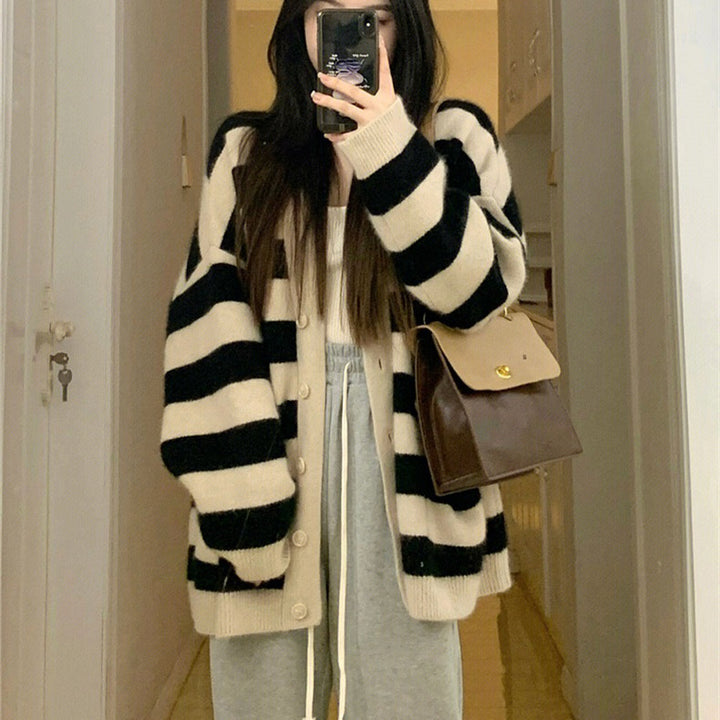 Damen Grobstrick-Cardigan mit Streifenmuster und praktischen Taschen Drune