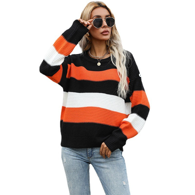 Damen gestreifter Strickpullover mit voluminösen Ärmeln und weitem Schnitt Drune