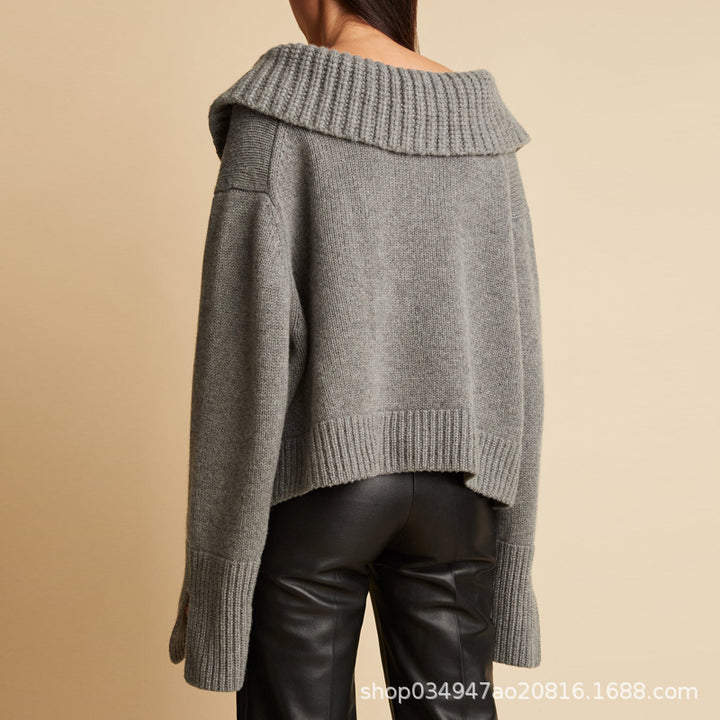 Damen Modischer Strickpullover mit tiefem V-Ausschnitt und übergroßen Kragen Drune