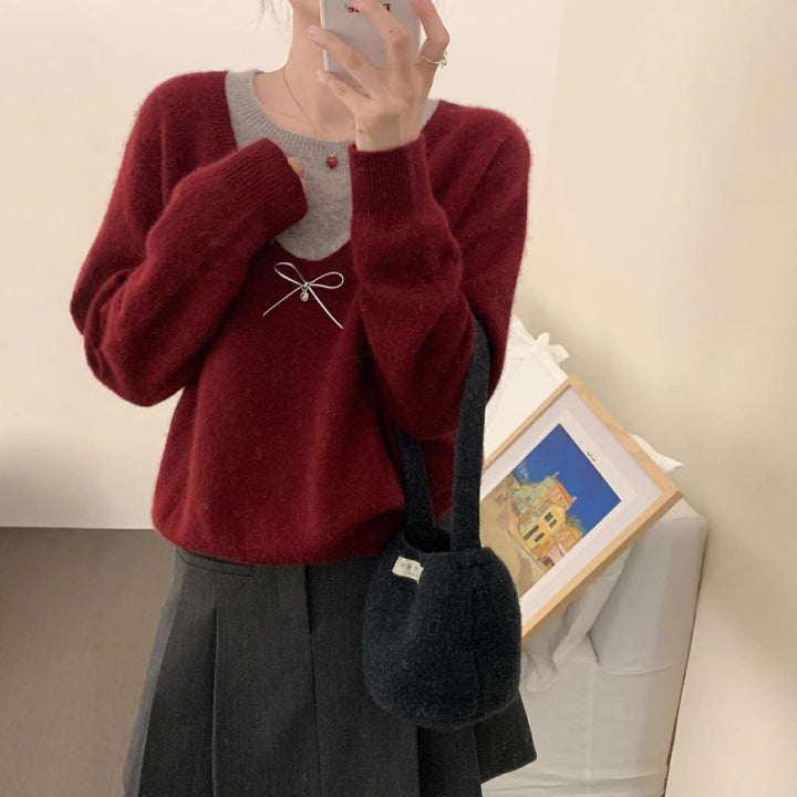 Damen Pullover mit elegantem V-Ausschnitt und edler Schleifenapplikation Drune