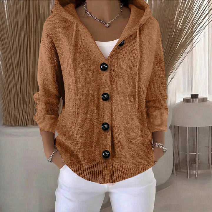 Damen lässige Strickjacke mit Kapuze und großen Knöpfen Drune