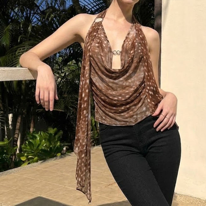 Damen Schicke Halterneck Bluse mit Drapierung Drune