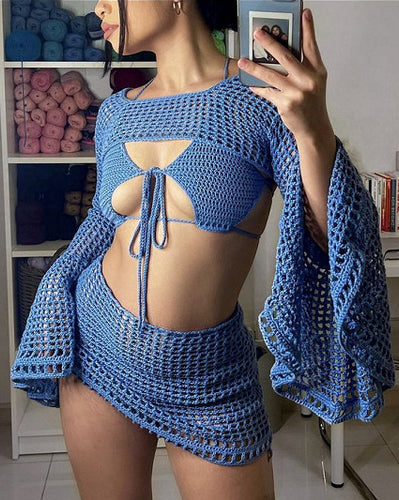 Damen gehäkeltes Strandoutfit mit verspielten Rüschendetails Drune