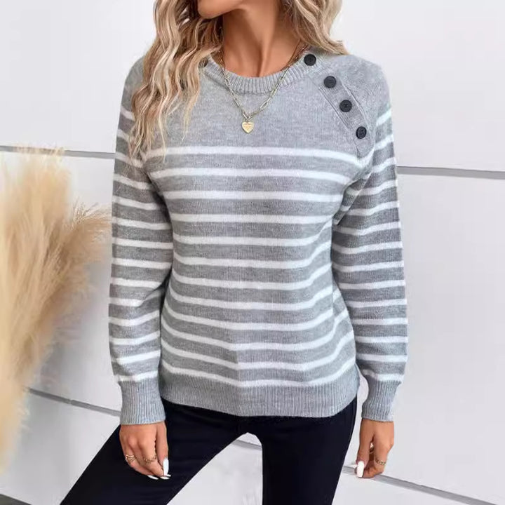 Damen gestreifter Pullover mit Knopfdetails und Rundhalsausschnitt Drune