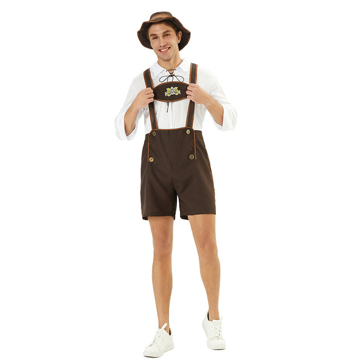 Herren nan Oktoberfest-Kurzlederhose mit verstellbaren Trägern, Zierknöpfen und besticktem Brustlatz Drune