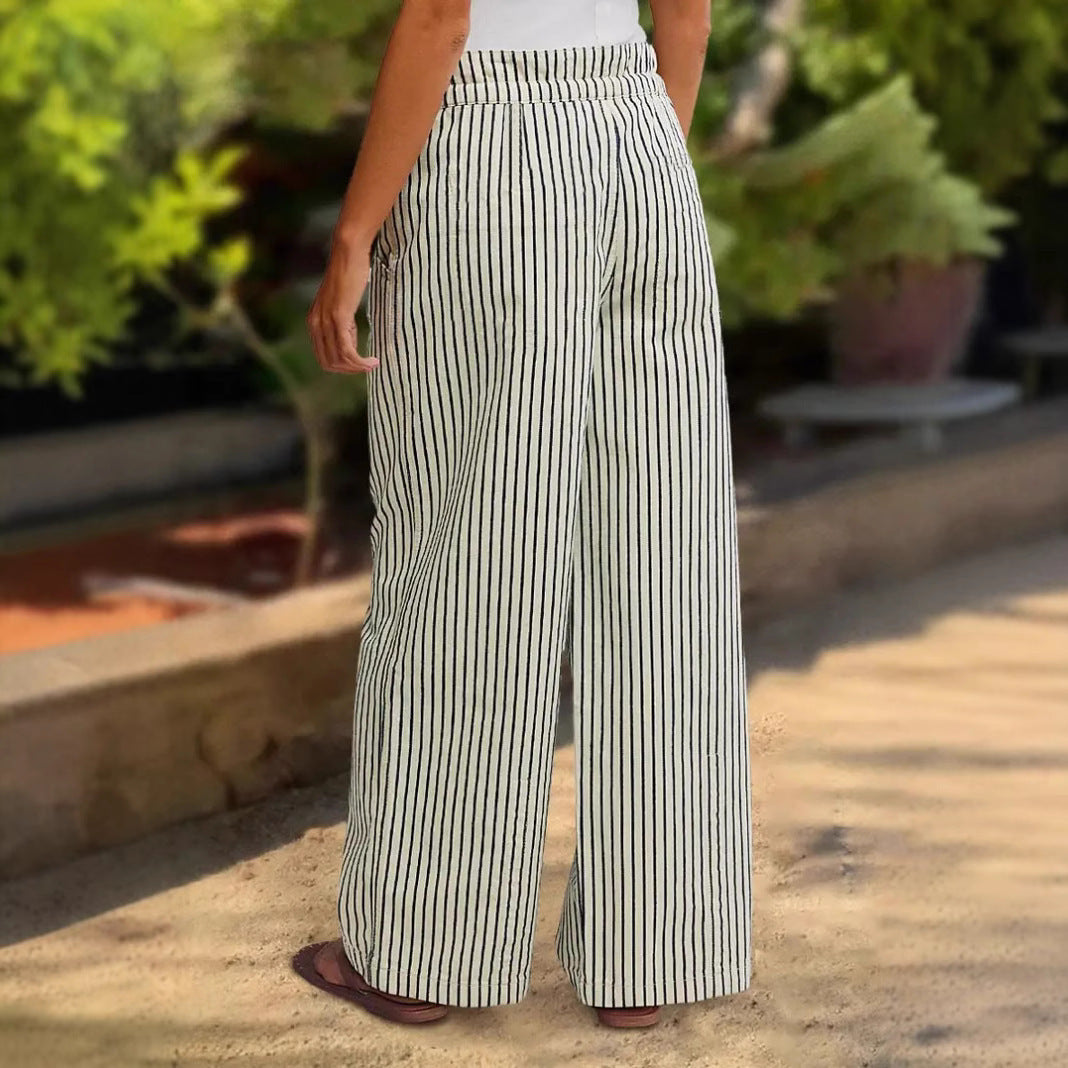 Damen Weite Leinenhose mit Streifenmuster und verstellbarem Bund Drune