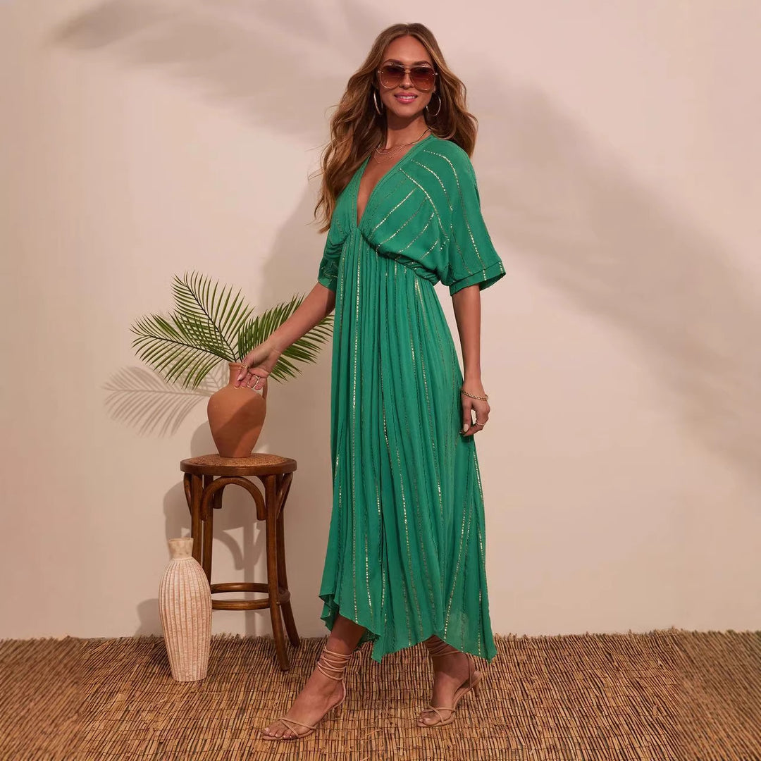 Damen Maxi-Kleid mit hochgeschlossenem V-Ausschnitt und fließendem Faltenwurf Drune