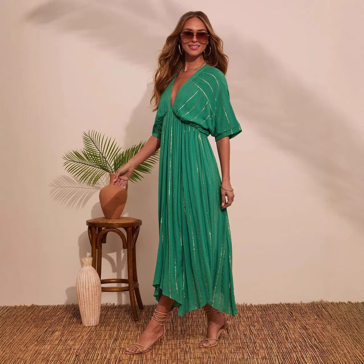 Damen Maxi-Kleid mit hochgeschlossenem V-Ausschnitt und fließendem Faltenwurf Drune