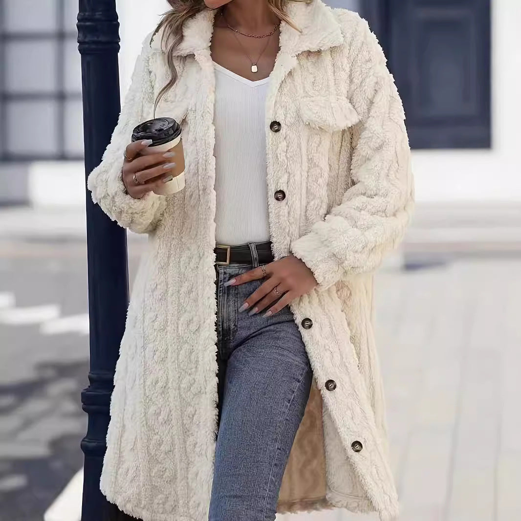 Damen nan langer Teddy-Mantel mit Schalkragen und aufgesetzten Brusttaschen Drune