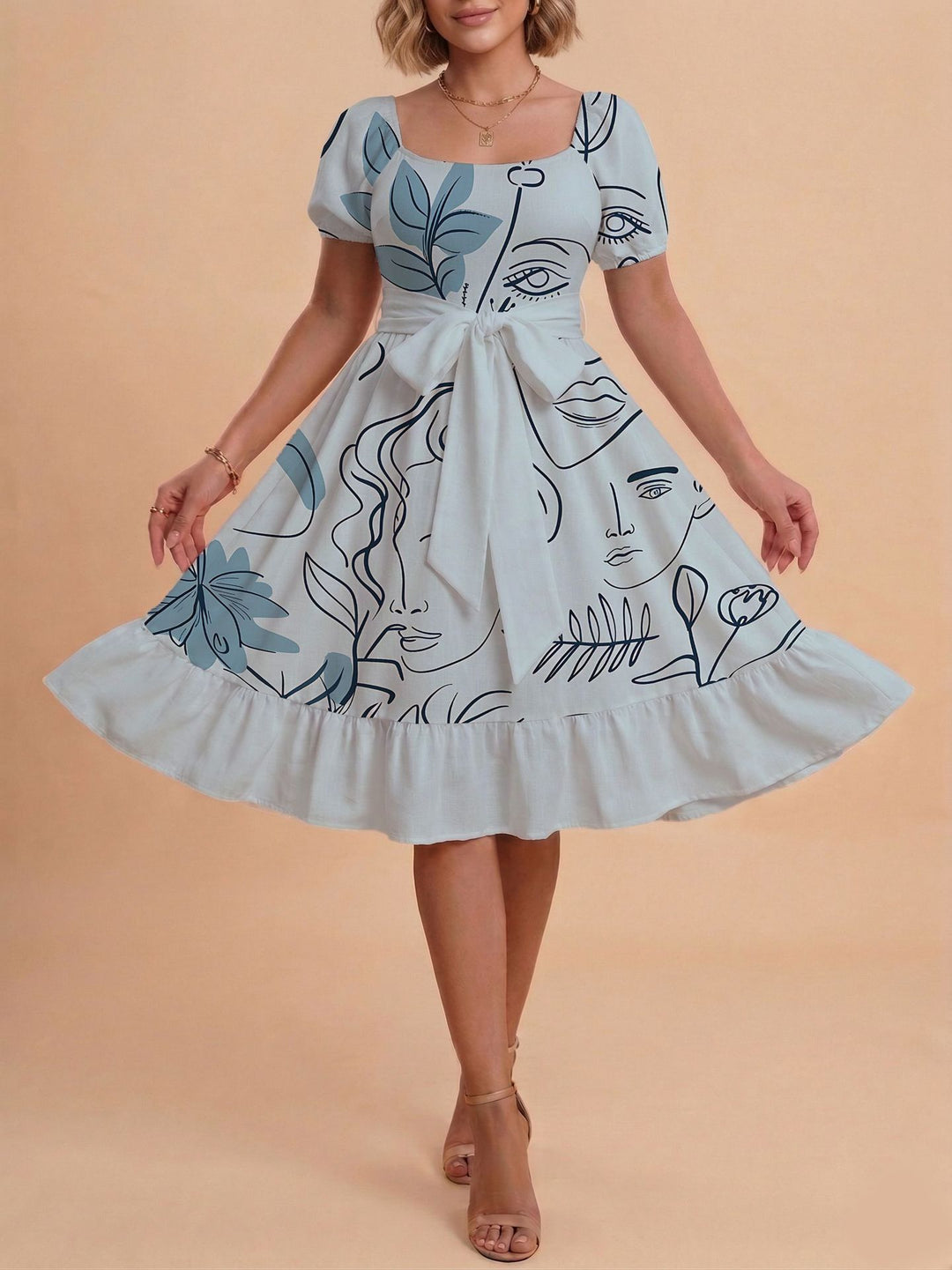 Damen Retro Maxikleid mit Puffärmeln und Taillengürtel Drune