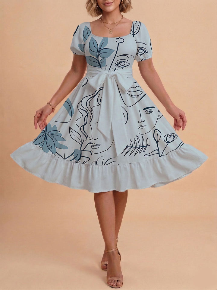 Damen Retro Maxikleid mit Puffärmeln und Taillengürtel Drune
