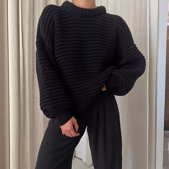 Damen lockerer Strickpullover mit hohem Kragen und breiten Rippbündchen Drune