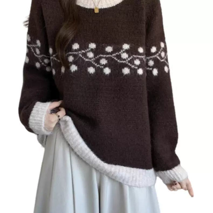 Damen Weicher Strickpullover mit floralem Muster und kontrastierenden Spitzen Drune