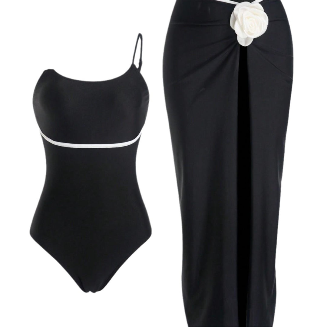 Damen Einteiler Badeanzug mit elegantem Rock und verspielten Blütendetails Drune