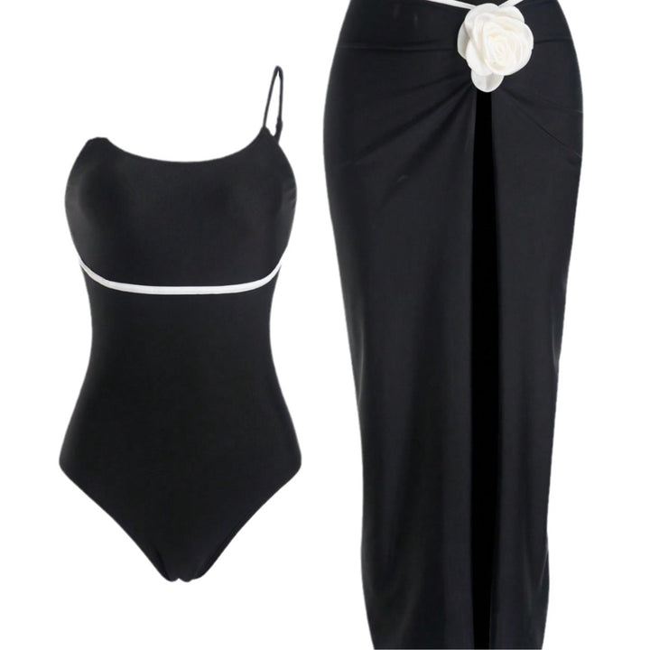 Damen Einteiler Badeanzug mit elegantem Rock und verspielten Blütendetails Drune